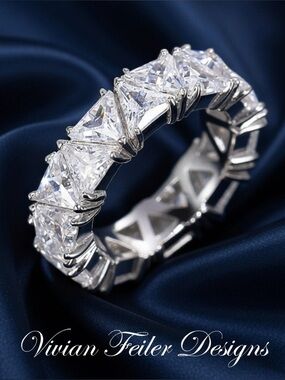 Silver Eternity Ring Clear CZ Princess Cut Bridal Anniversary Wedding